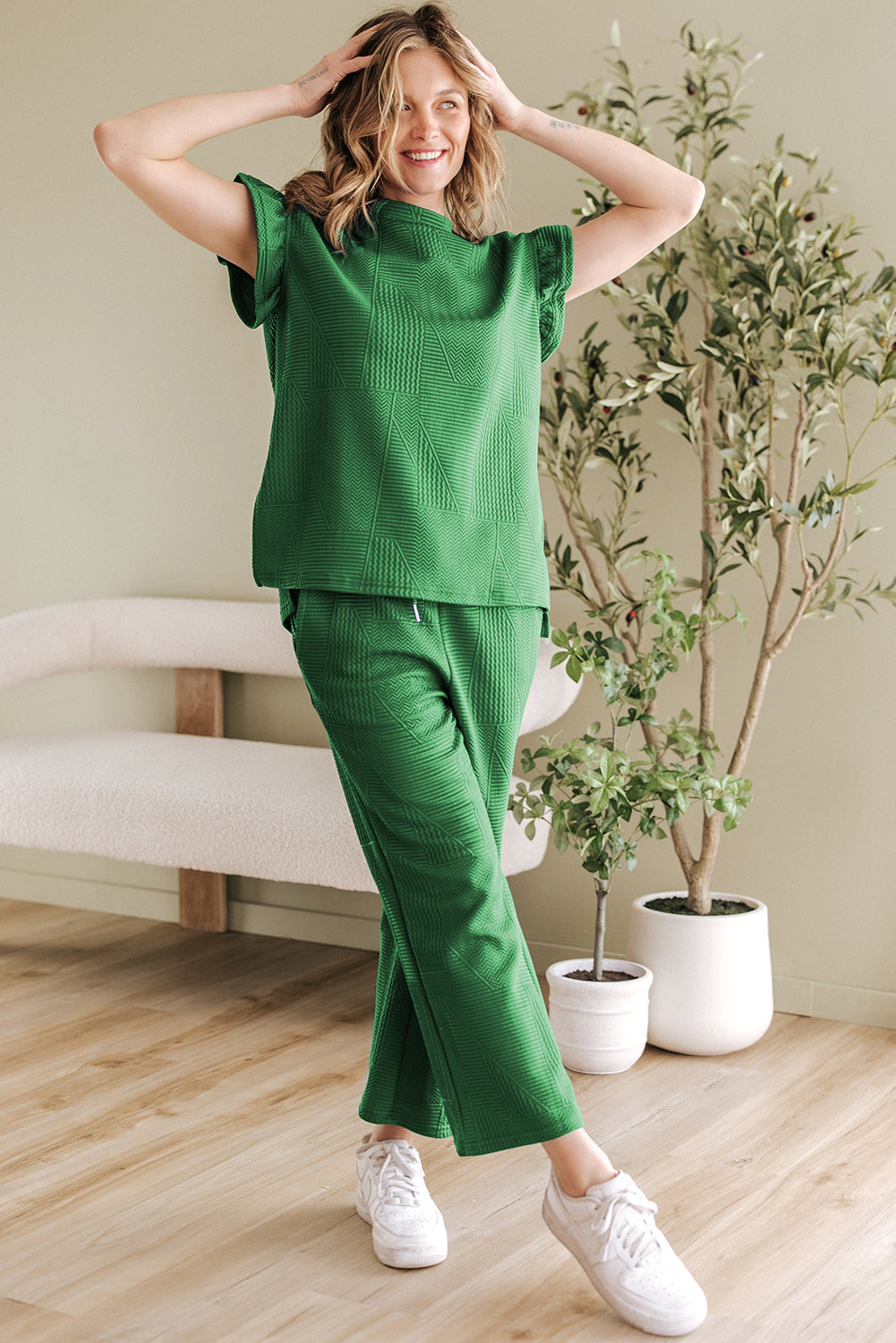 Dark Blue Ruffled Sleeve Summer Top and Cropped Loose Trousers Set - Two Piece Sets/Pant Sets