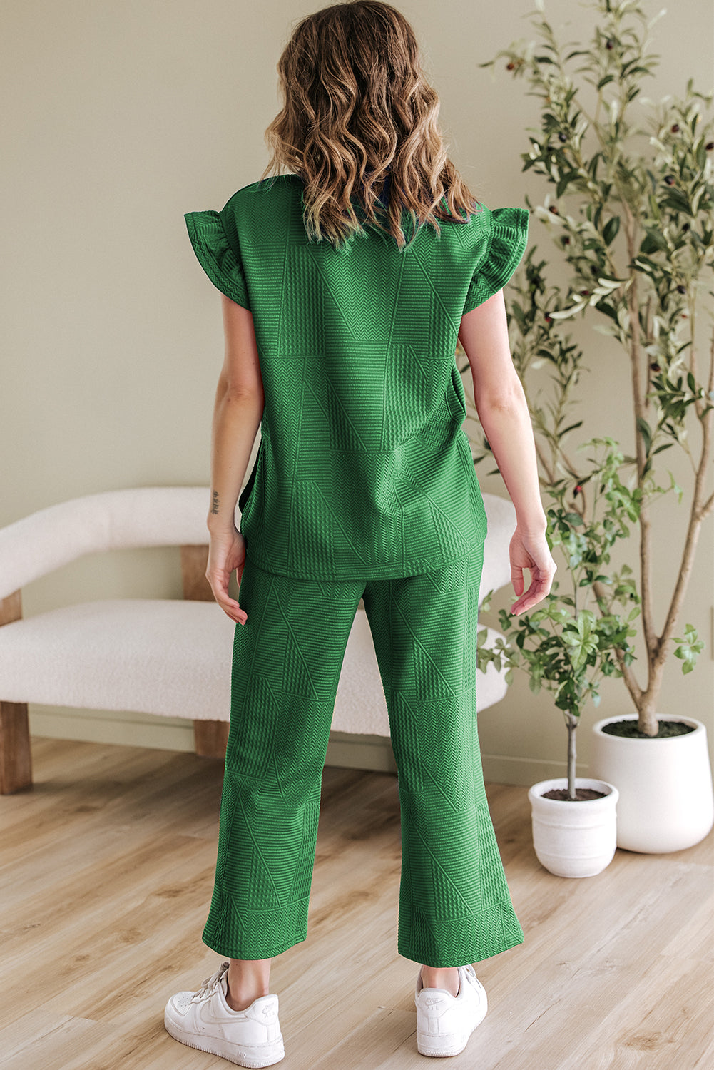 Dark Blue Ruffled Sleeve Summer Top and Cropped Loose Trousers Set - Two Piece Sets/Pant Sets