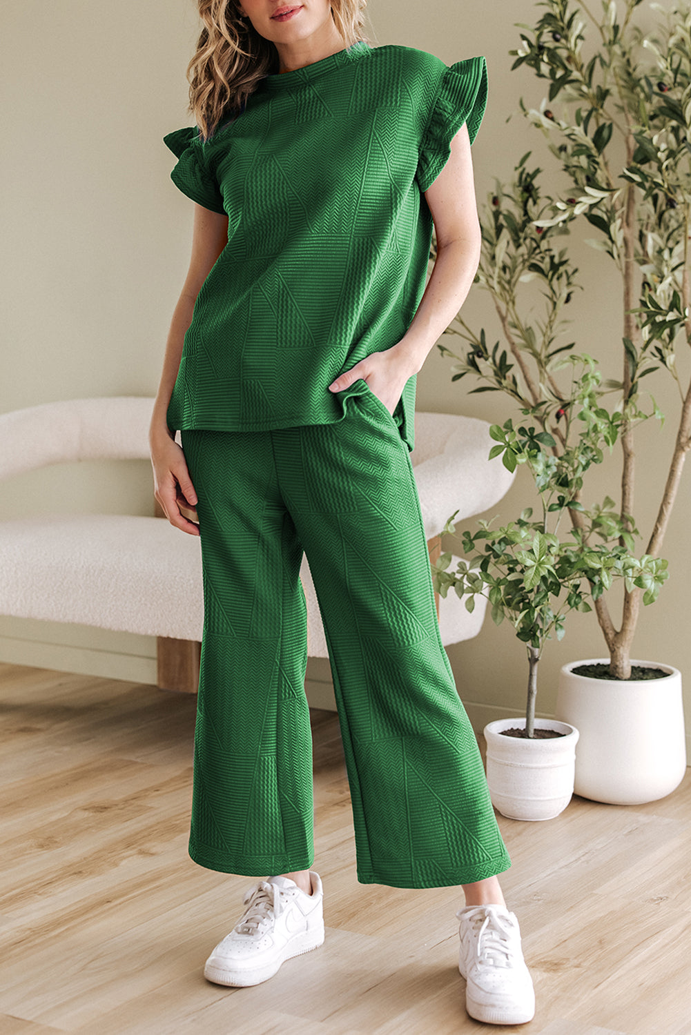 Dark Blue Ruffled Sleeve Summer Top and Cropped Loose Trousers Set - Two Piece Sets/Pant Sets