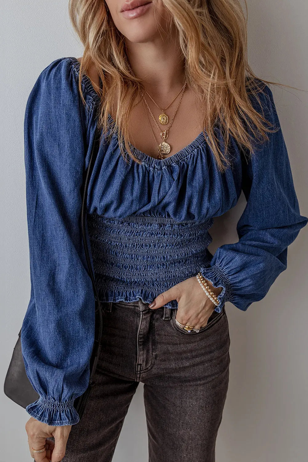 Dark Blue Smocked Ruffled Puff Sleeve V Neck Denim Blouse eAura