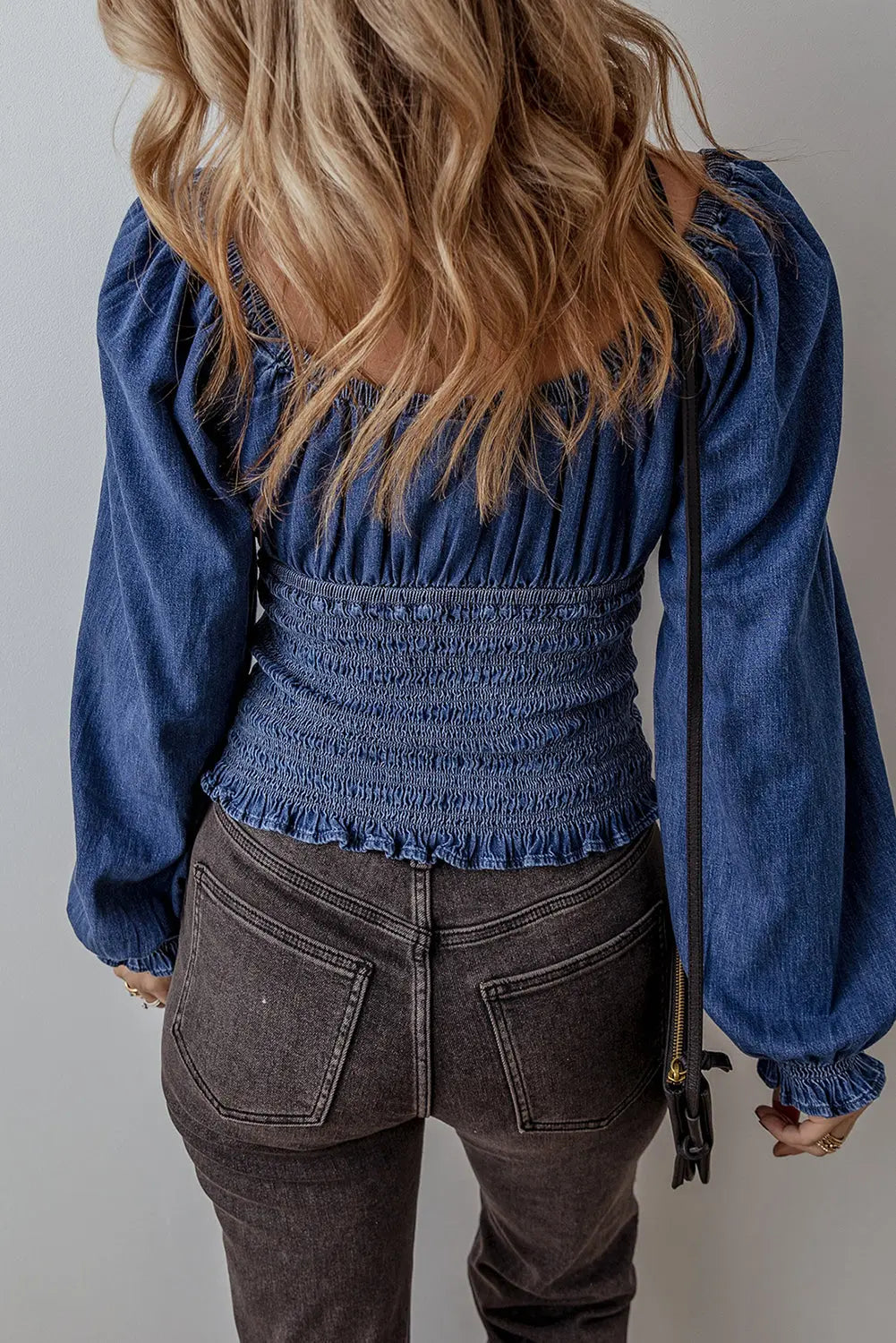 Dark Blue Smocked Ruffled Puff Sleeve V Neck Denim Blouse eAura