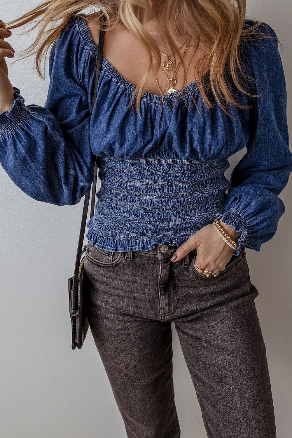Dark Blue Smocked Ruffled Puff Sleeve V Neck Denim Blouse eAura