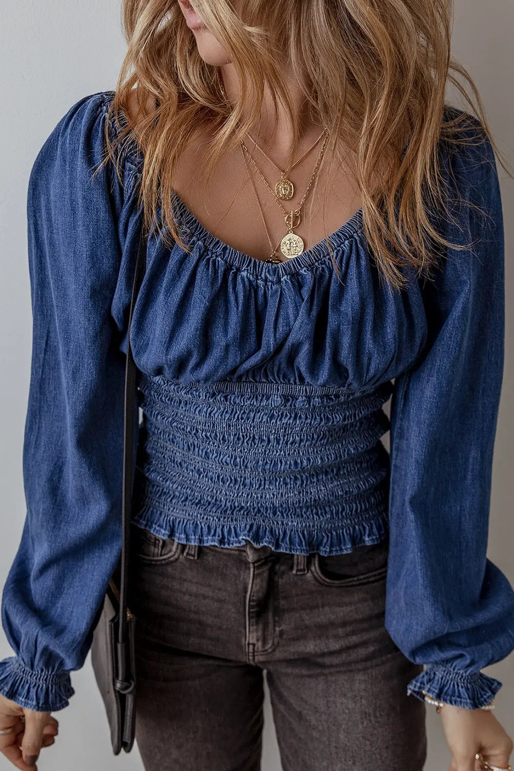Dark Blue Smocked Ruffled Puff Sleeve V Neck Denim Blouse eAura