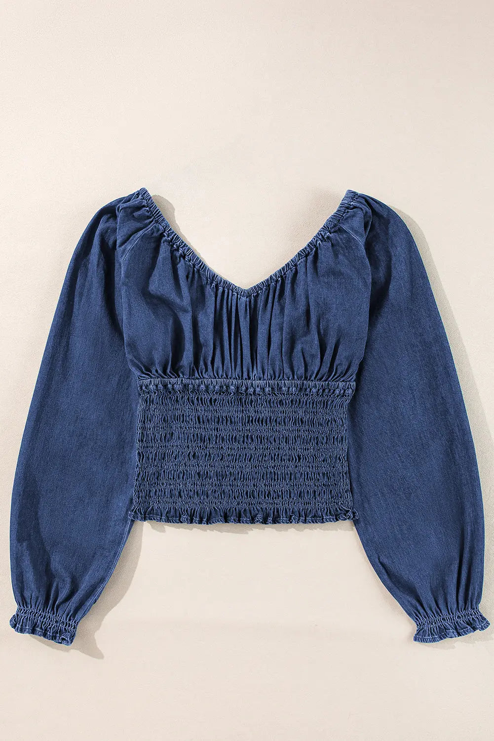 Dark Blue Smocked Ruffled Puff Sleeve V Neck Denim Blouse eAura