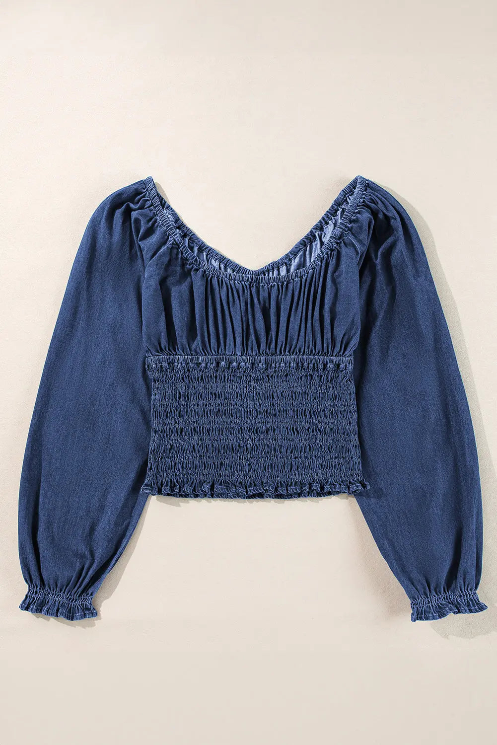 Dark Blue Smocked Ruffled Puff Sleeve V Neck Denim Blouse eAura