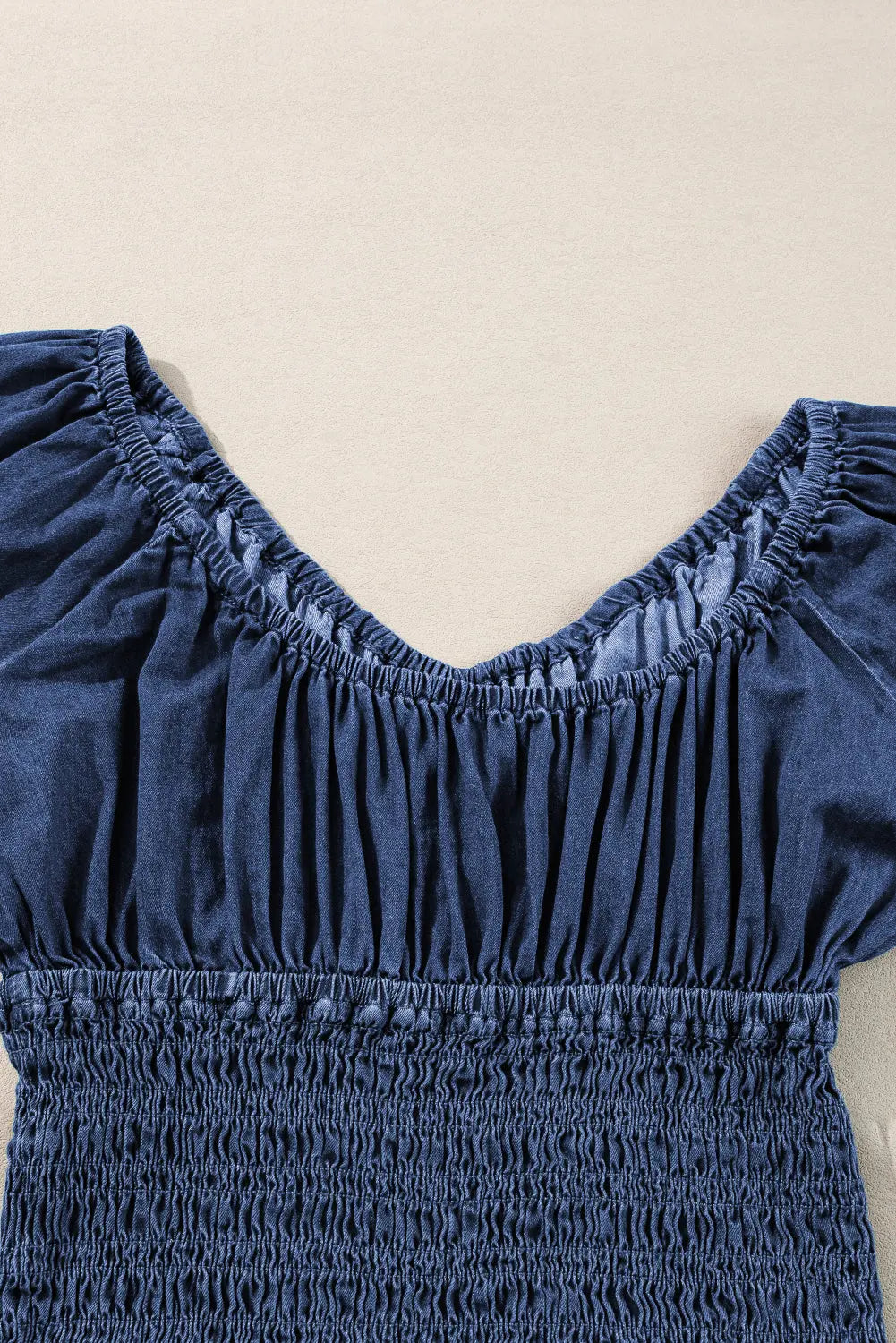 Dark Blue Smocked Ruffled Puff Sleeve V Neck Denim Blouse eAura