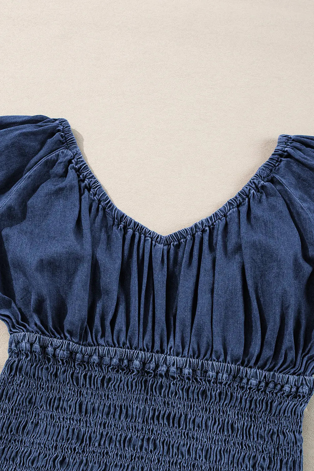 Dark Blue Smocked Ruffled Puff Sleeve V Neck Denim Blouse eAura