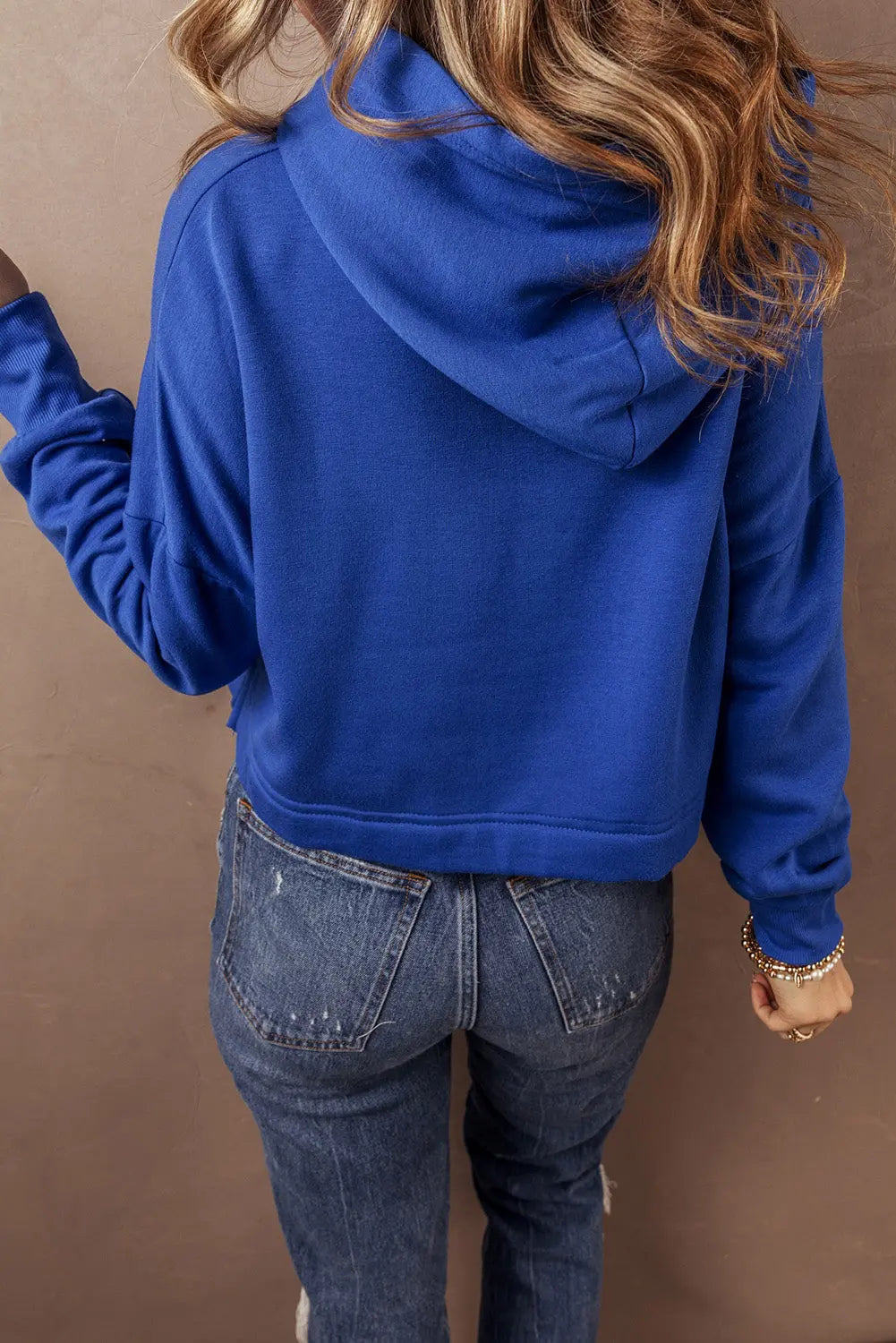 Dark Blue Solid Drop Shoulder Drawstring Cropped Hoodie - BB Fashion Outlet