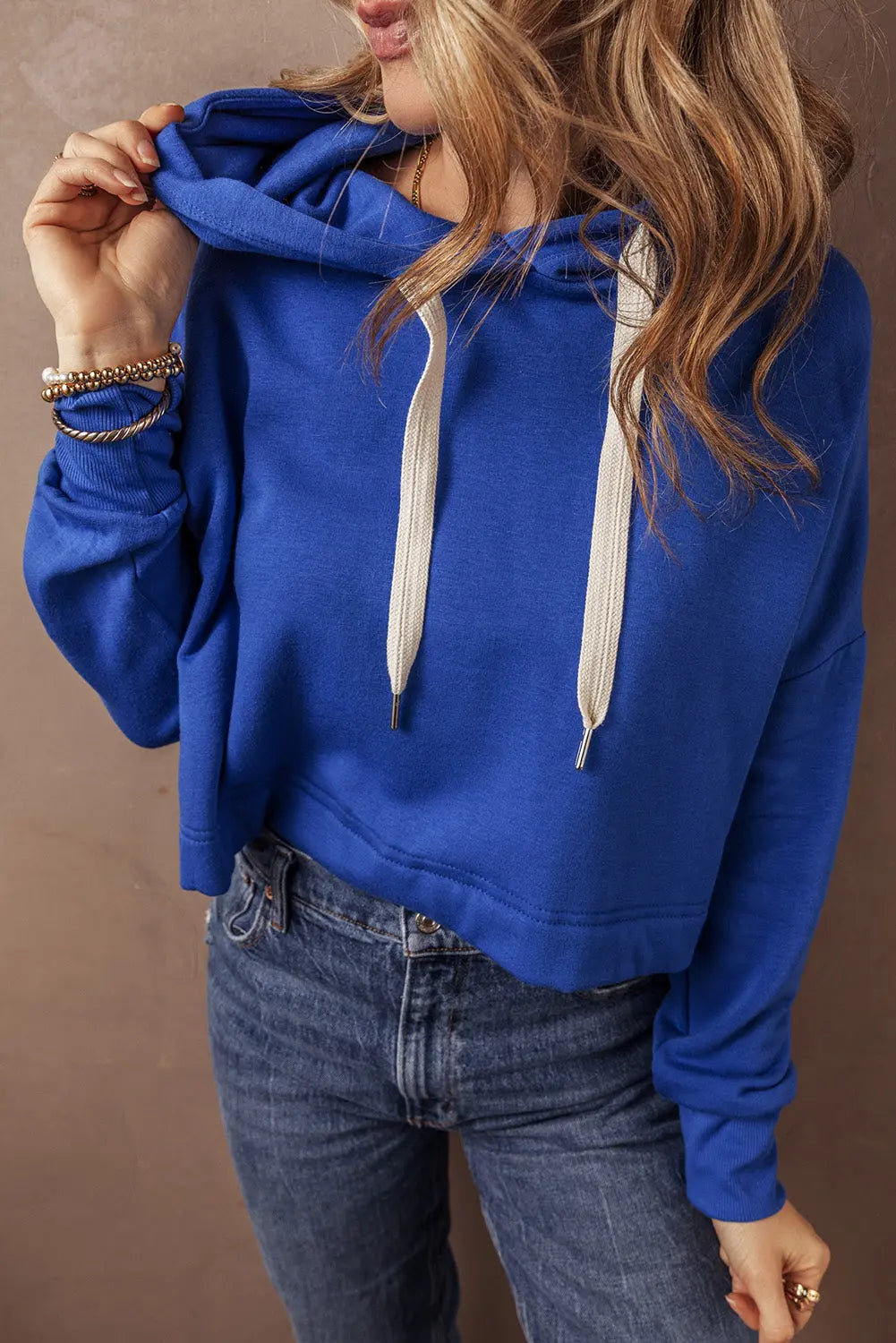 Dark Blue Solid Drop Shoulder Drawstring Cropped Hoodie - BB Fashion Outlet