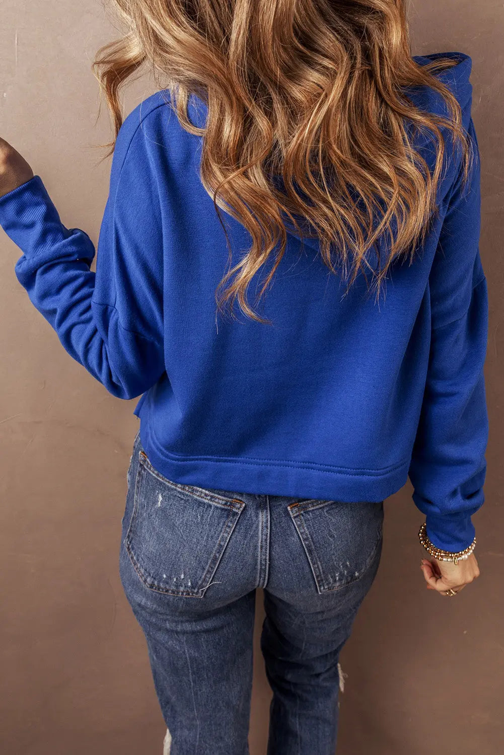 Dark Blue Solid Drop Shoulder Drawstring Cropped Hoodie - BB Fashion Outlet