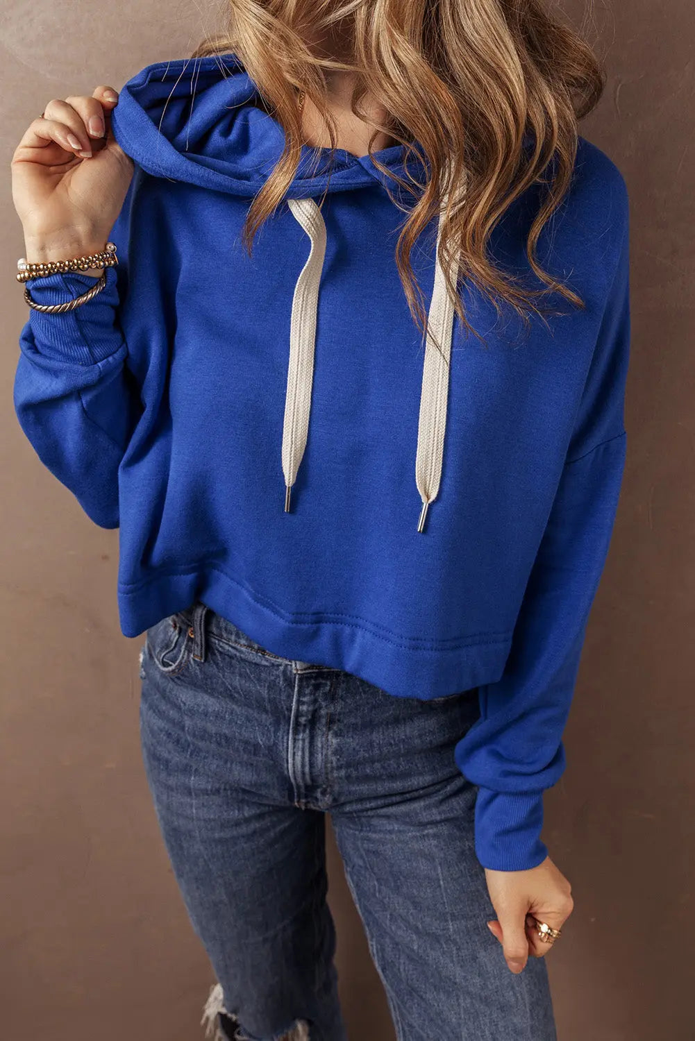 Dark Blue Solid Drop Shoulder Drawstring Cropped Hoodie - BB Fashion Outlet