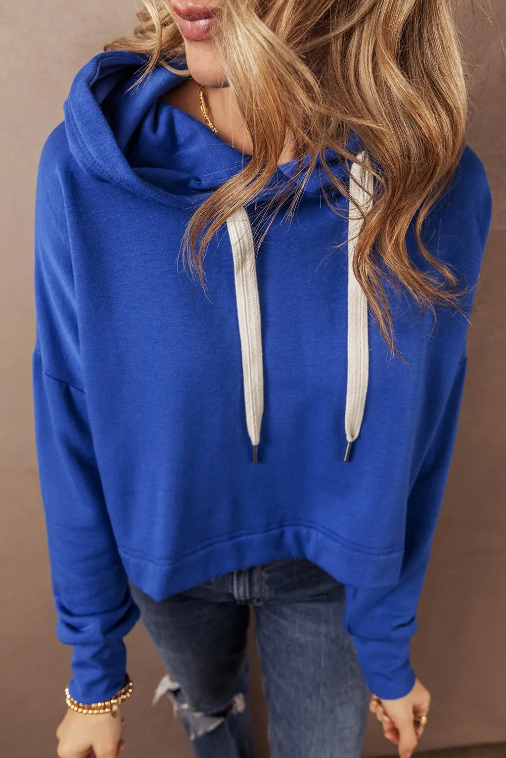 Dark Blue Solid Drop Shoulder Drawstring Cropped Hoodie - BB Fashion Outlet