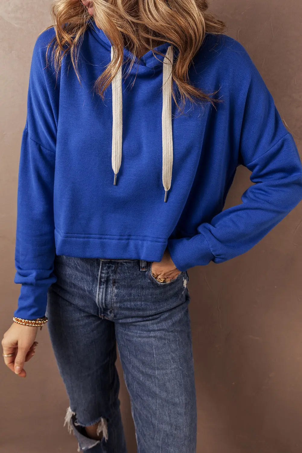 Dark Blue Solid Drop Shoulder Drawstring Cropped Hoodie - BB Fashion Outlet