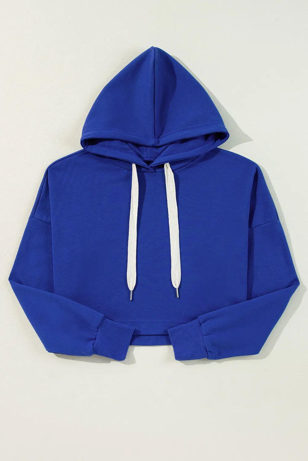 Dark Blue Solid Drop Shoulder Drawstring Cropped Hoodie - BB Fashion Outlet