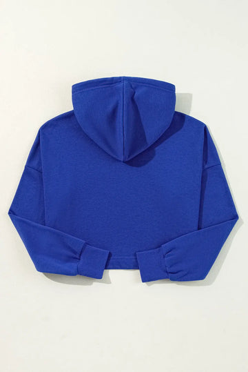 Dark Blue Solid Drop Shoulder Drawstring Cropped Hoodie - BB Fashion Outlet