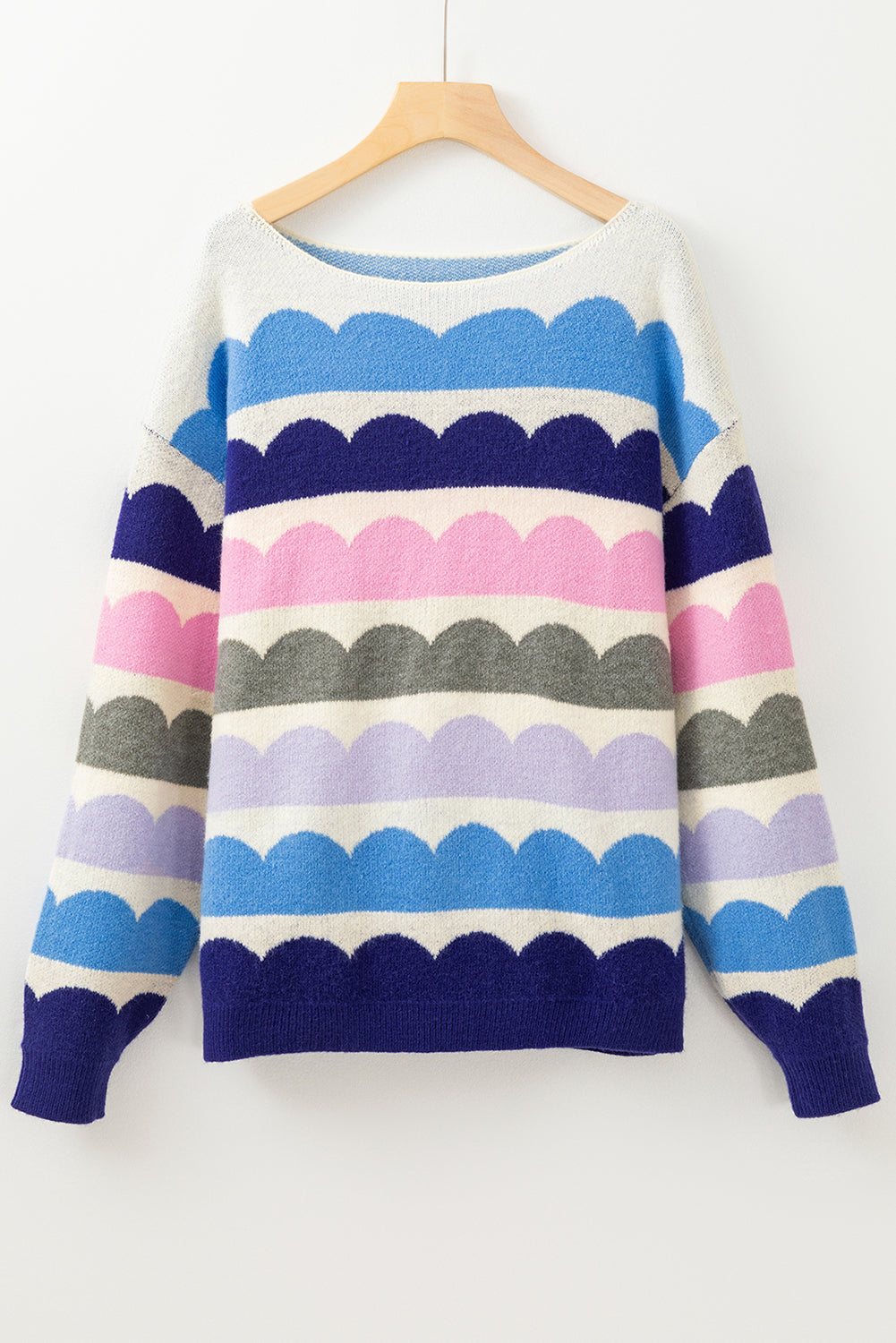 Dark Blue Wave Striped Balloon Sleeve Drop Shoulder Sweater - Sweaters & Cardigans/Sweaters