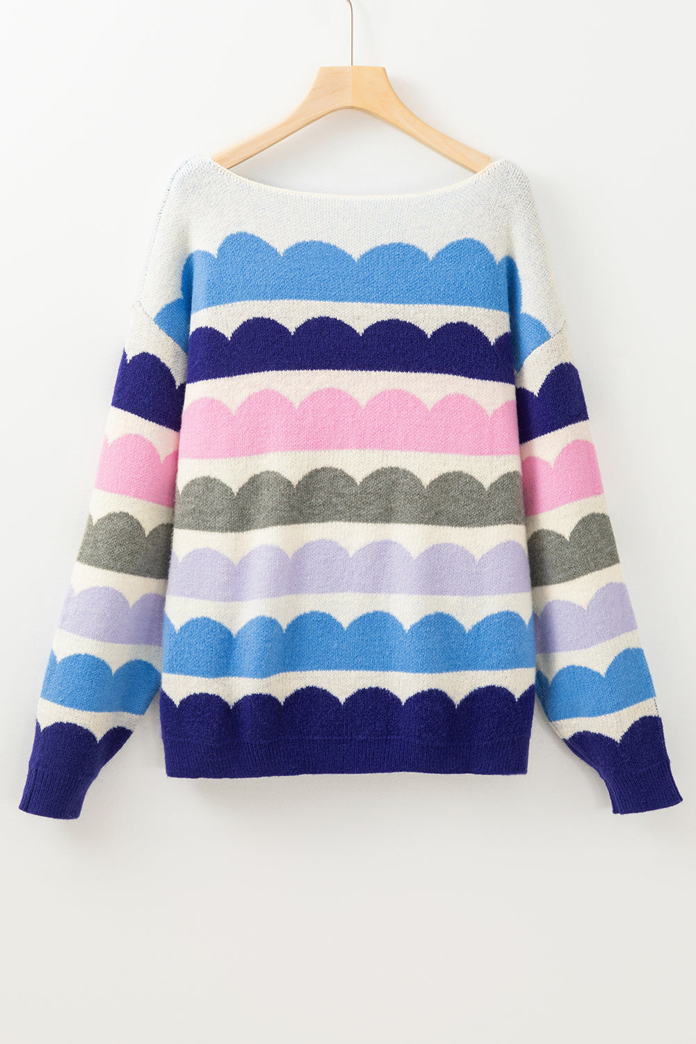 Dark Blue Wave Striped Balloon Sleeve Drop Shoulder Sweater - Sweaters & Cardigans/Sweaters