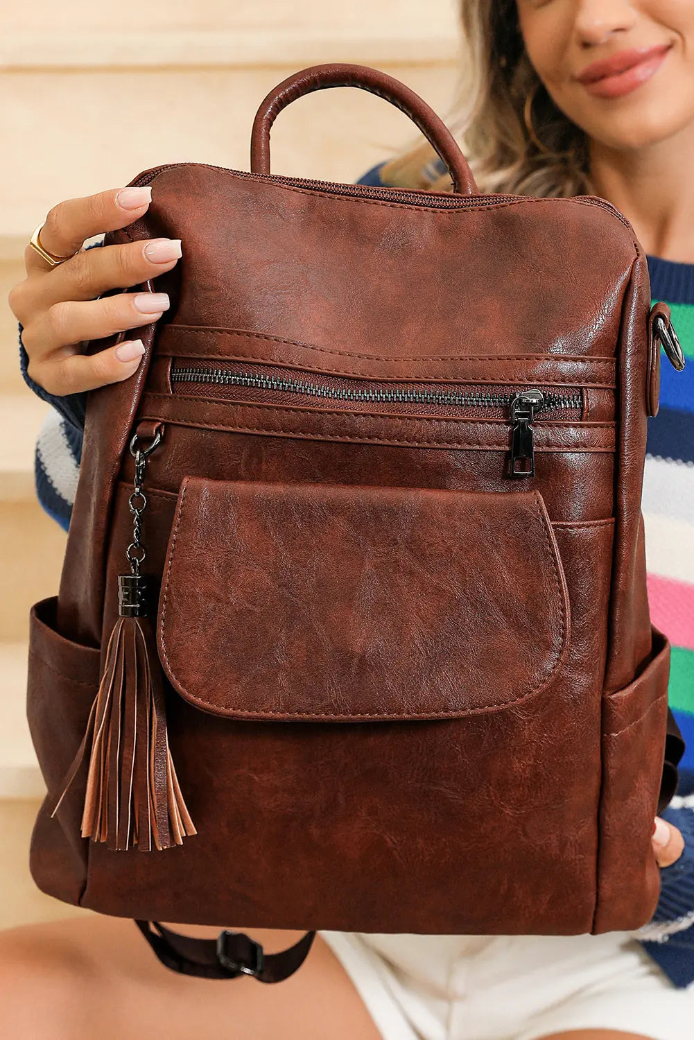 Dark Brown Tassel Decor Retro PU Large Capacity Backpack - eAura
