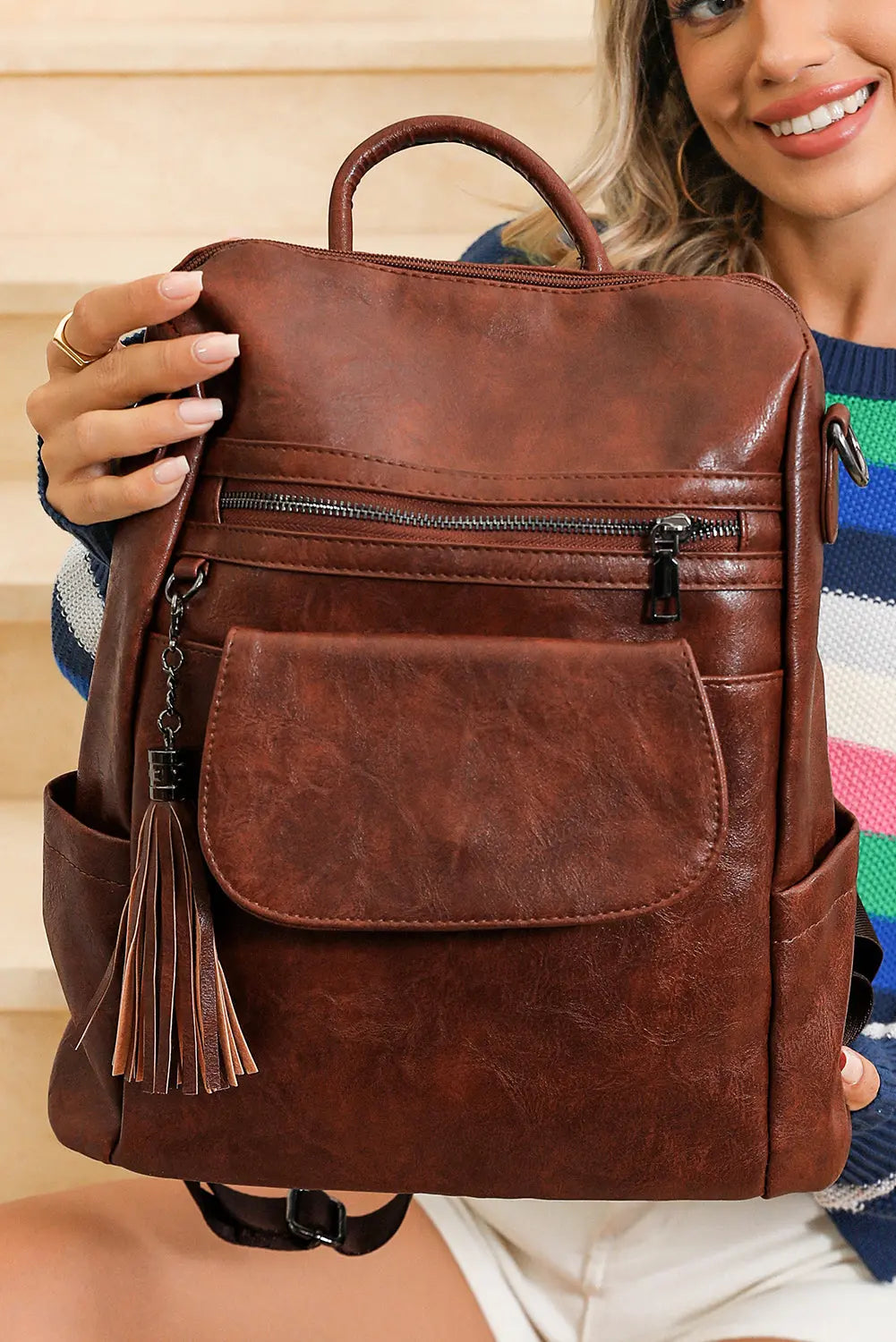 Dark Brown Tassel Decor Retro PU Large Capacity Backpack - eAura