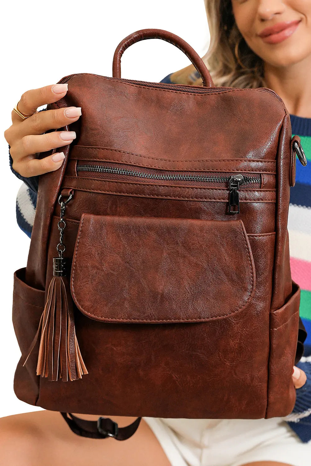 Dark Brown Tassel Decor Retro PU Large Capacity Backpack - eAura