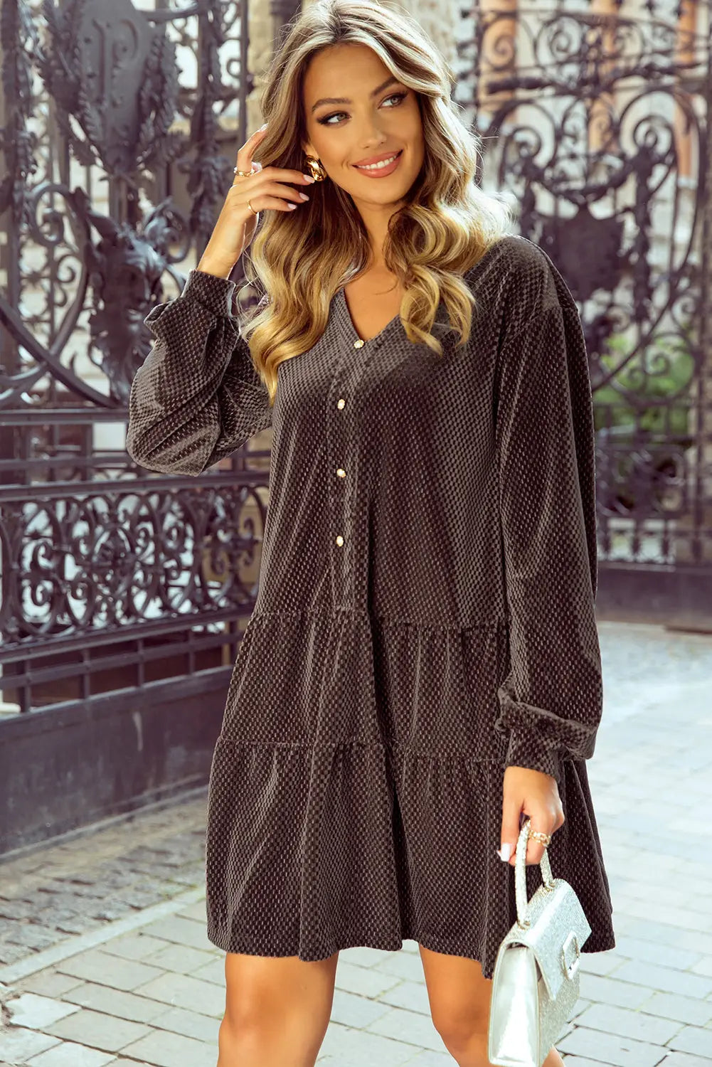 Dark Brown Textured Velvet V Neck Shift Dress - eAura