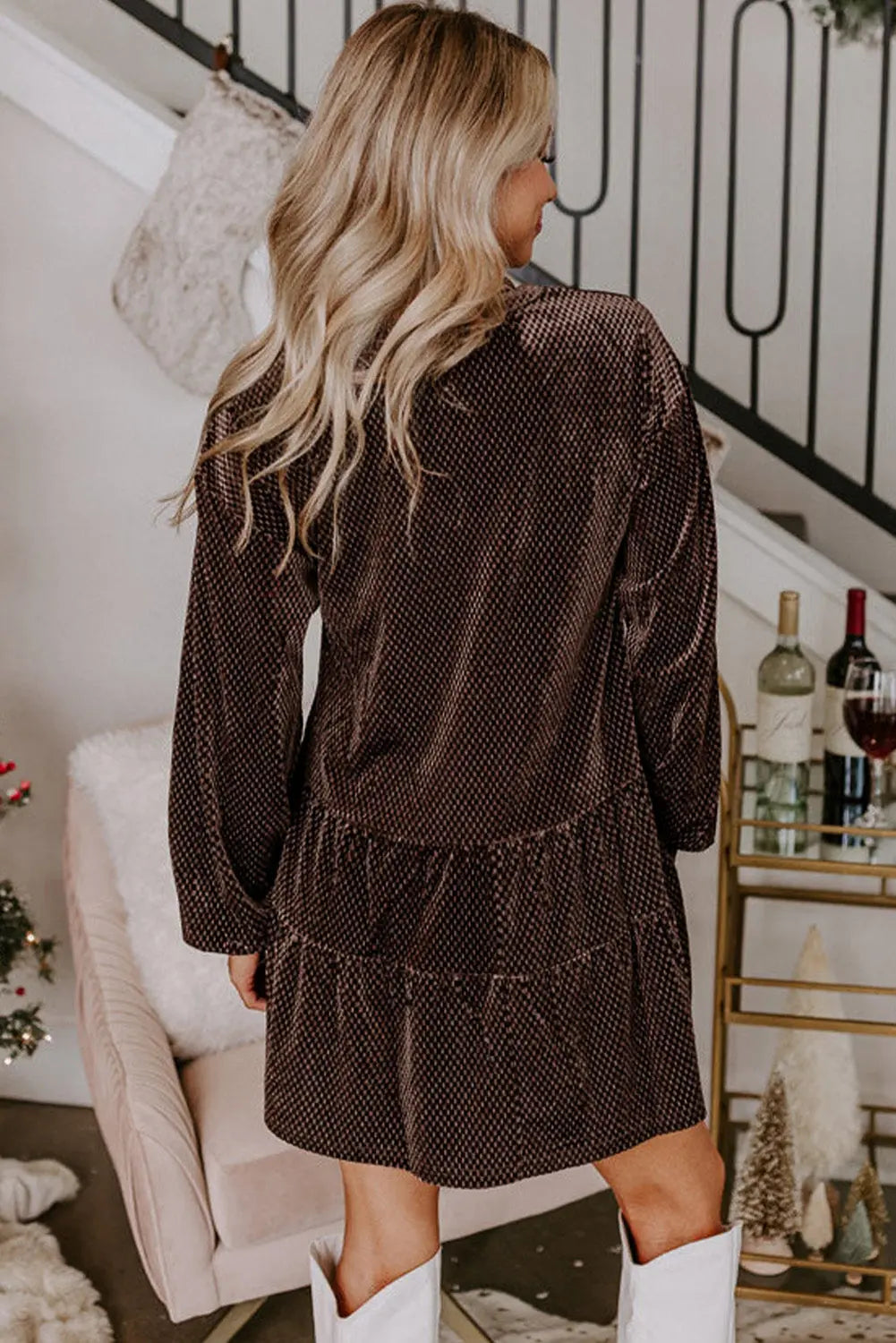 Dark Brown Textured Velvet V Neck Shift Dress - eAura