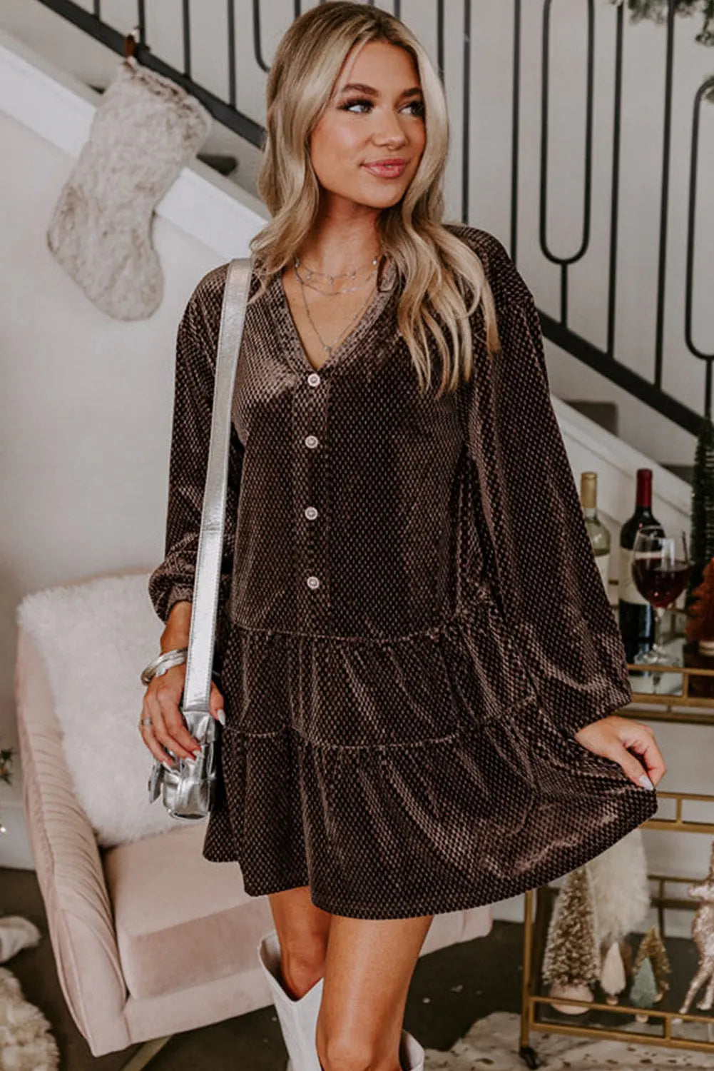 Dark Brown Textured Velvet V Neck Shift Dress - eAura