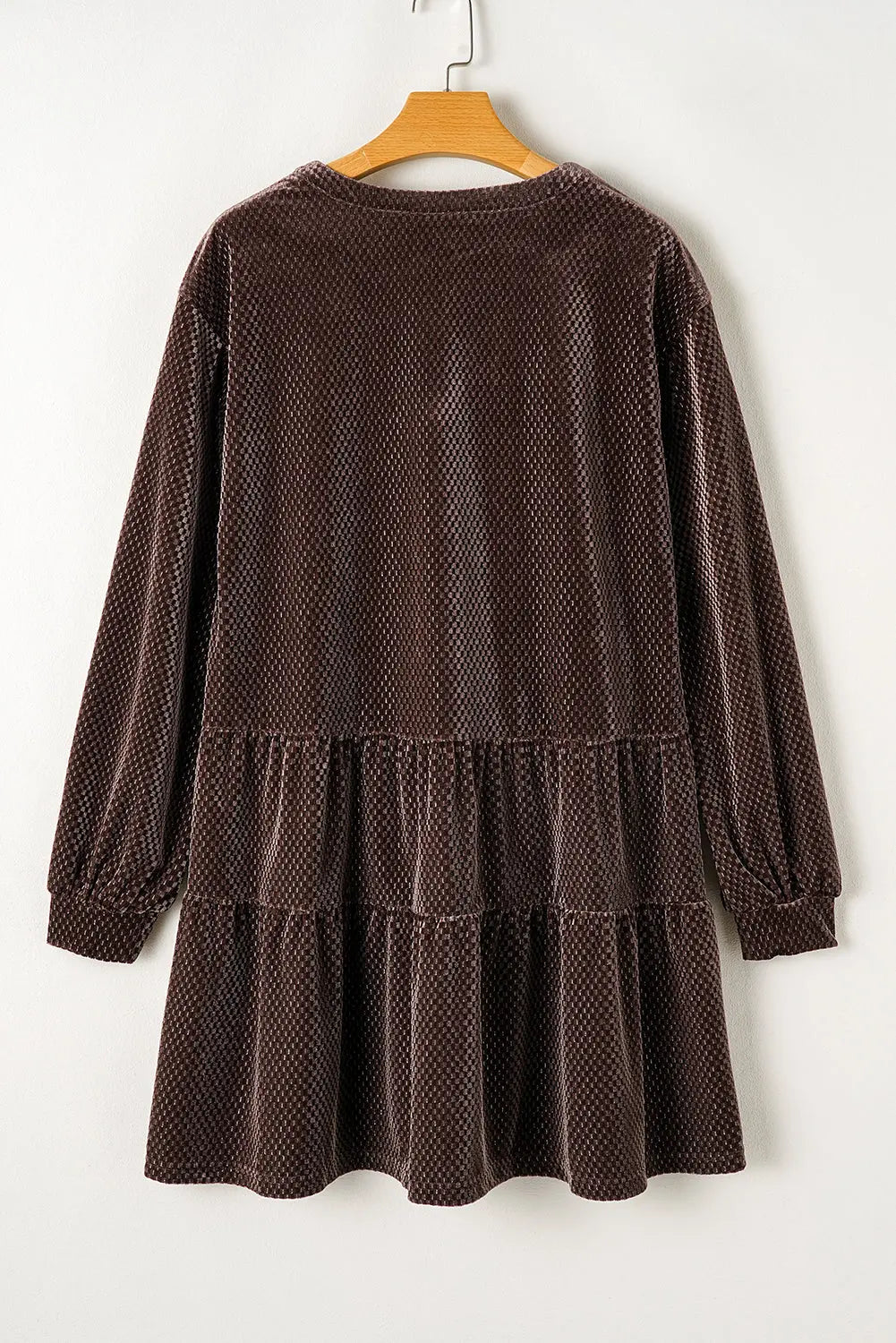 Dark Brown Textured Velvet V Neck Shift Dress - eAura