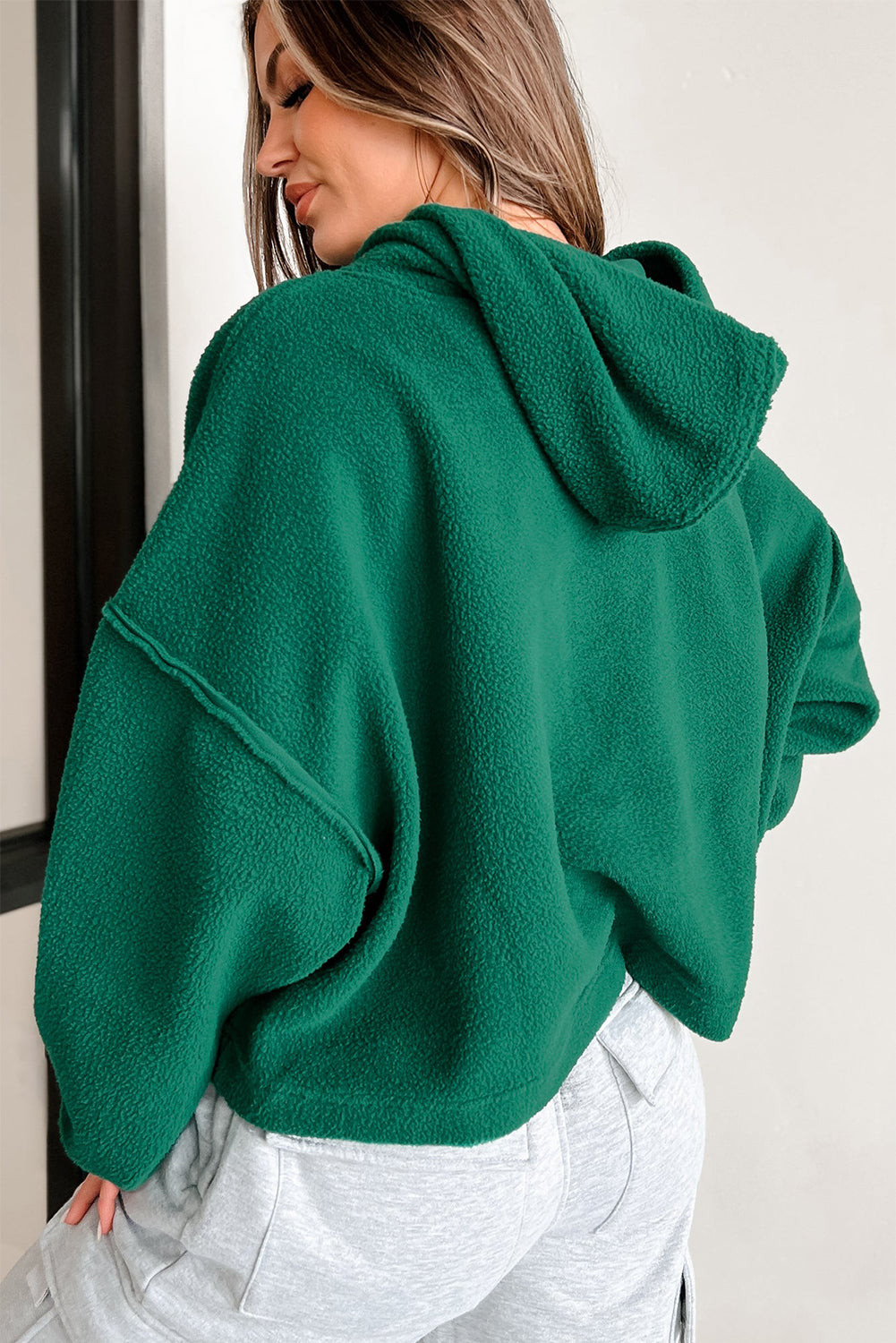 Dark Green Sherpa Fleece Drop Shoulder Hoodie - eAura