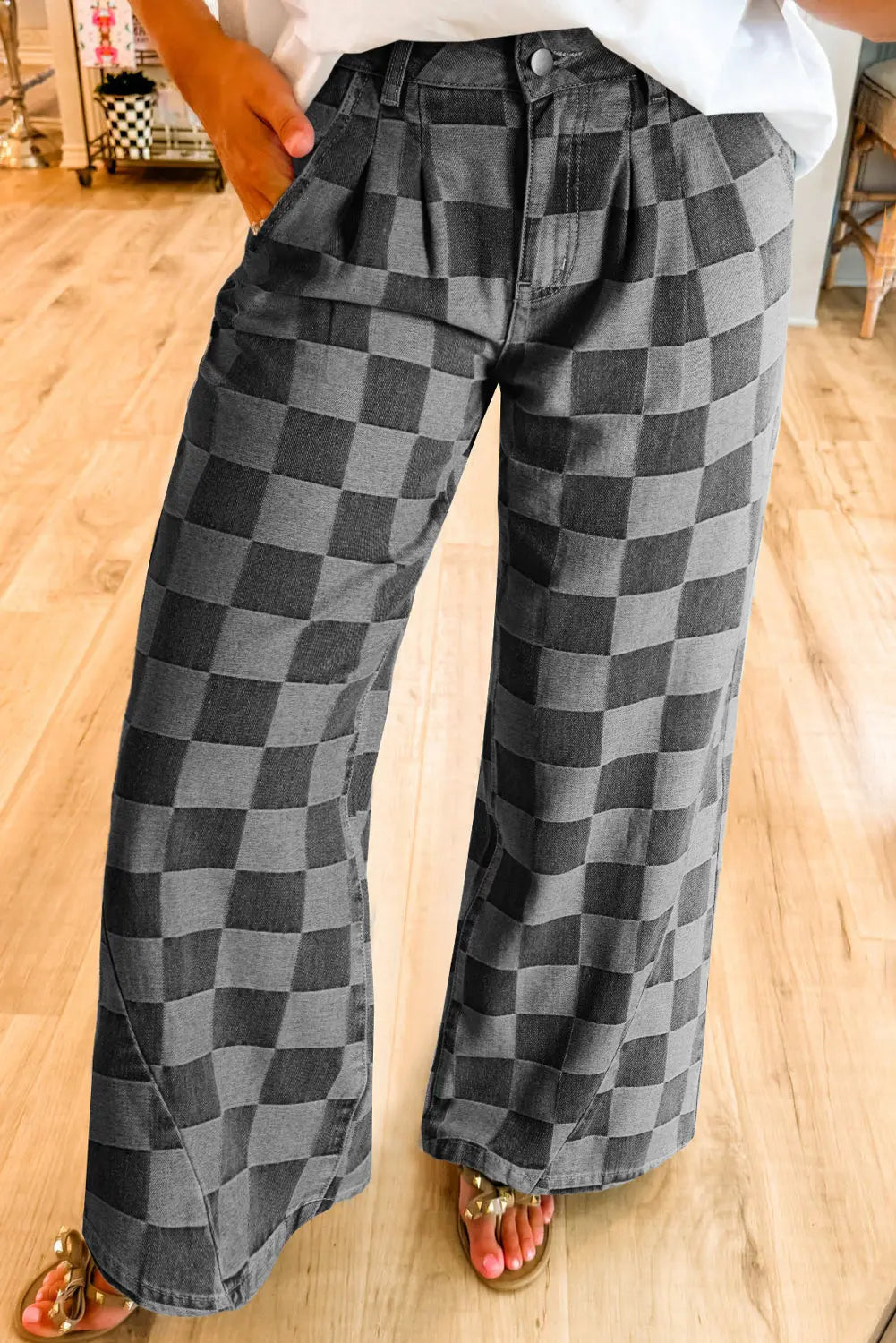 Dark Grey Checkered Denim Wide Leg Jeans - eAura