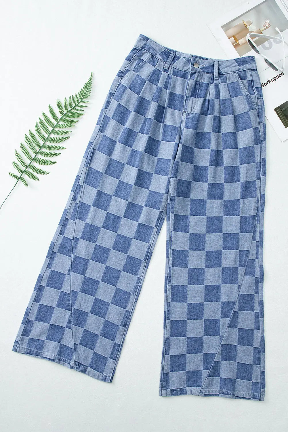 Dark Grey Checkered Denim Wide Leg Jeans - eAura