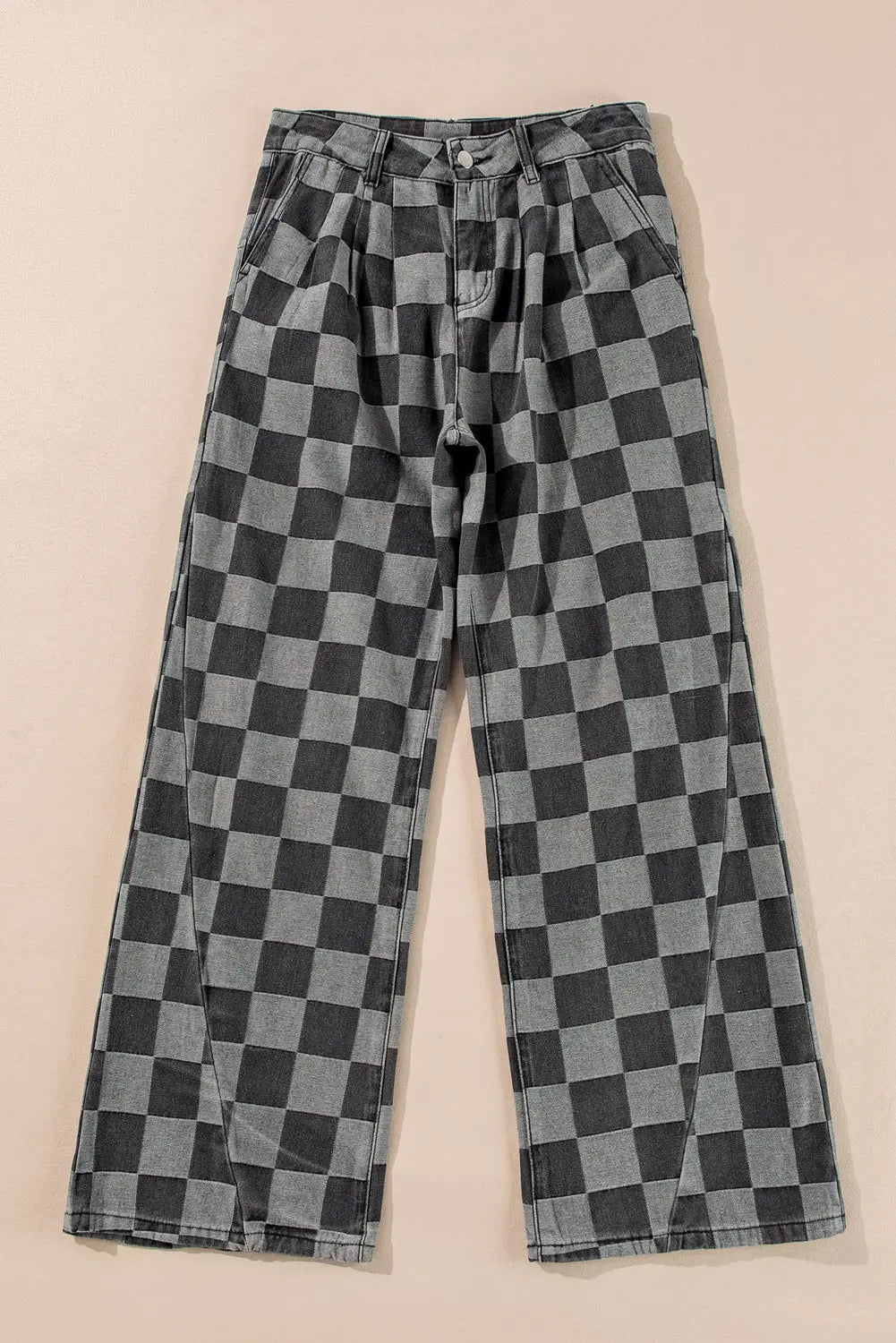 Dark Grey Checkered Denim Wide Leg Jeans - eAura