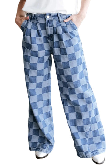 Dark Grey Checkered Denim Wide Leg Jeans - Bottoms/Jeans/WideLeg