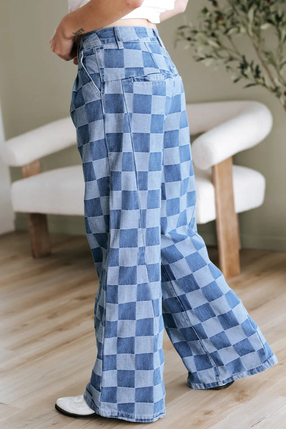 Dark Grey Checkered Denim Wide Leg Jeans - eAura