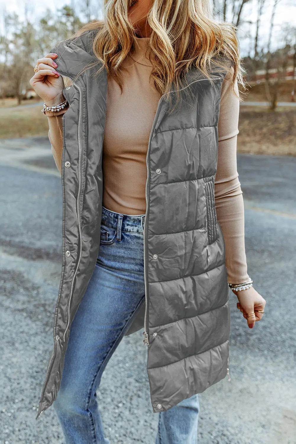 Dark Grey Hooded Long Quilted Sleeveless Coat eAura