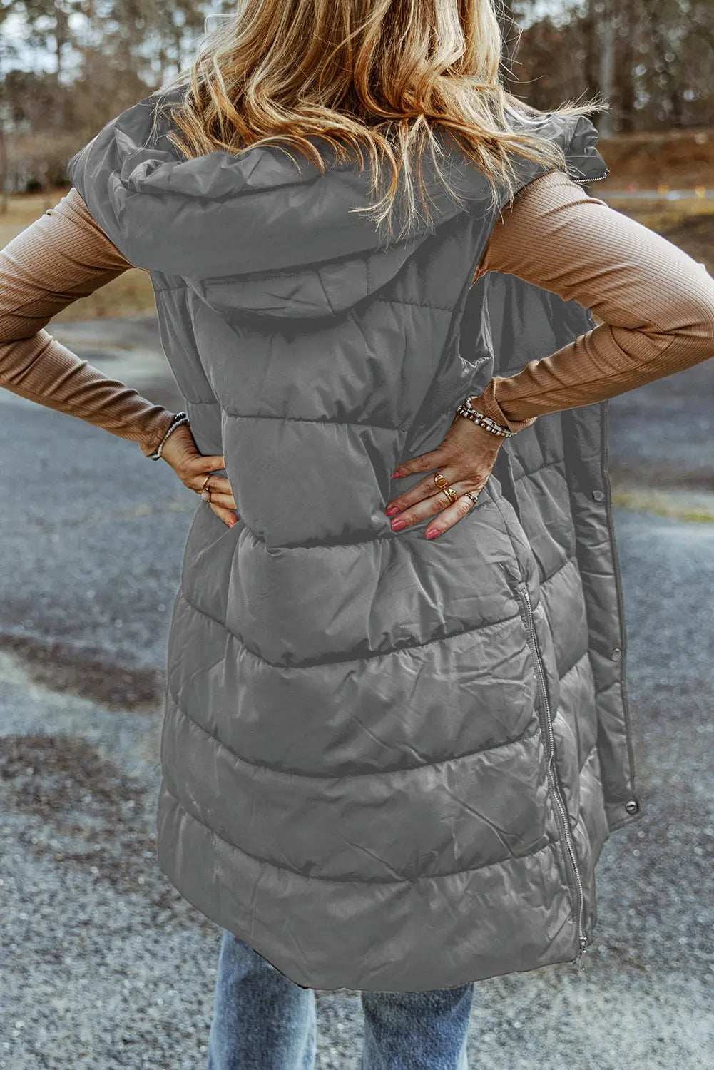 Dark Grey Hooded Long Quilted Sleeveless Coat eAura