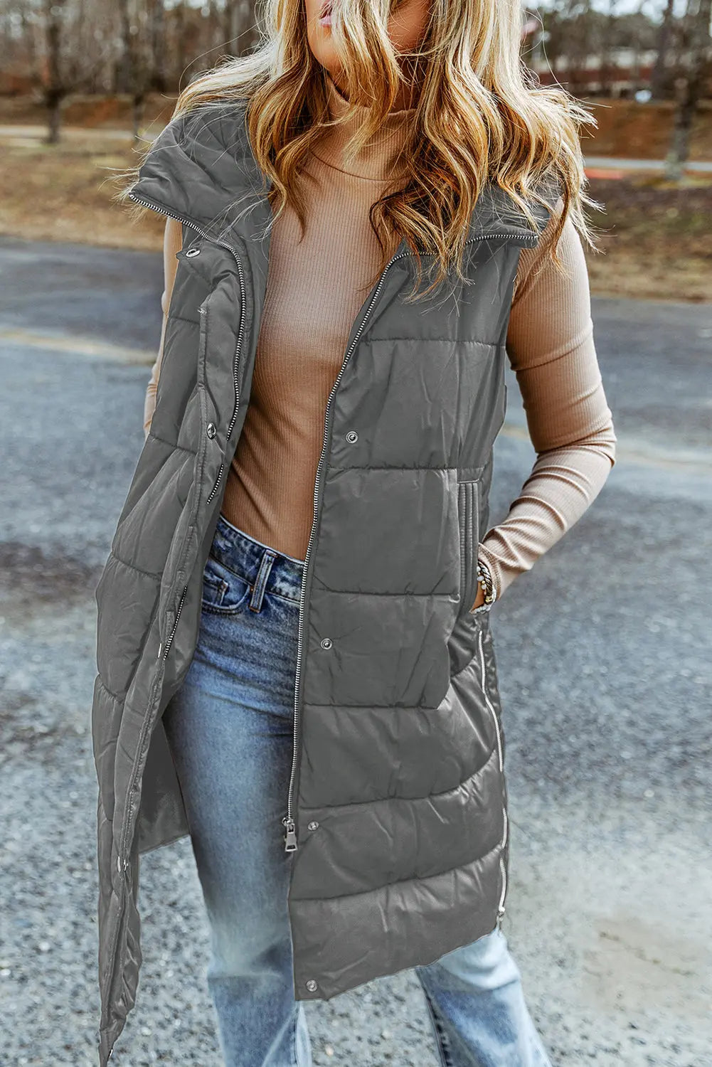 Dark Grey Hooded Long Quilted Sleeveless Coat eAura