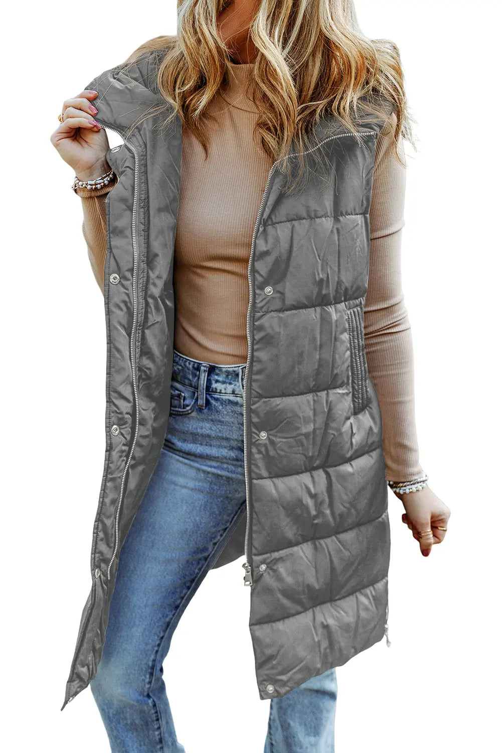 Dark Grey Hooded Long Quilted Sleeveless Coat eAura