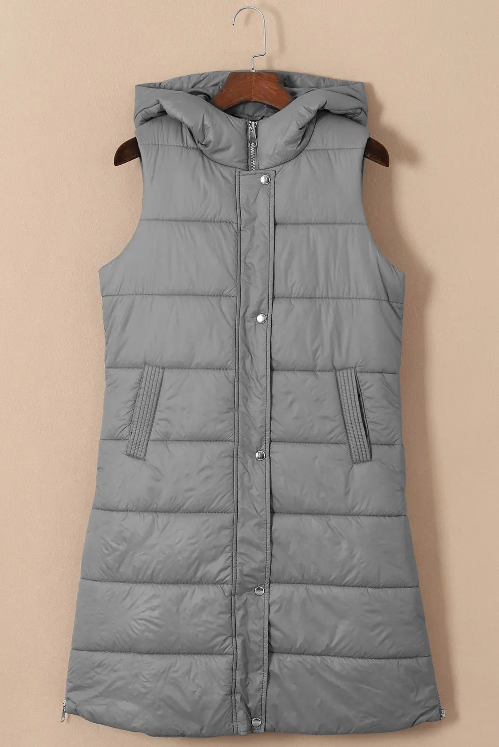 Dark Grey Hooded Long Quilted Sleeveless Coat eAura