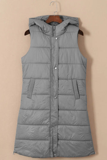 Dark Grey Hooded Long Quilted Sleeveless Coat - Outerwear/Sleeveless