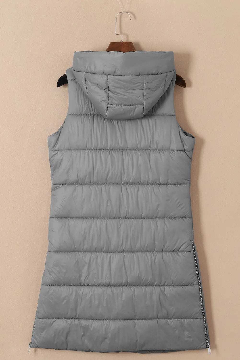 Dark Grey Hooded Long Quilted Sleeveless Coat eAura