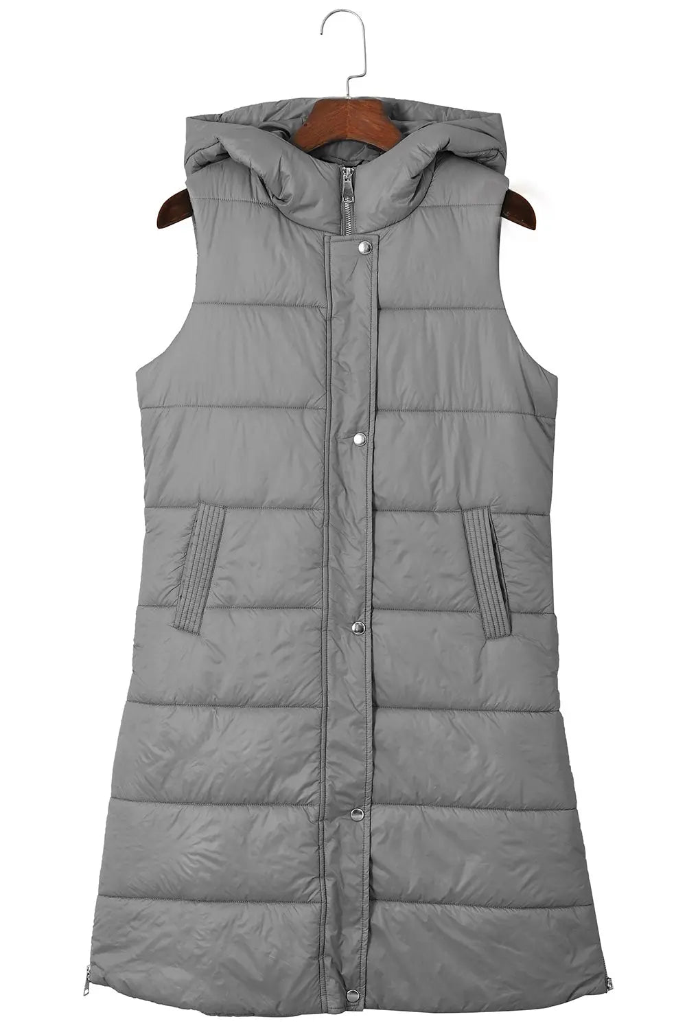 Dark Grey Hooded Long Quilted Sleeveless Coat eAura