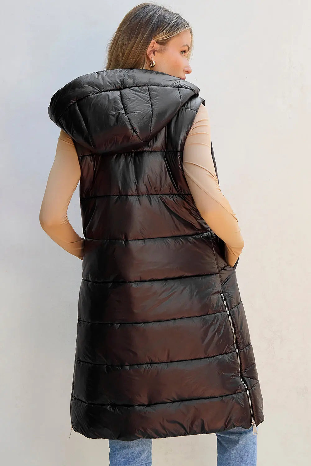 Dark Grey Hooded Long Quilted Sleeveless Coat eAura
