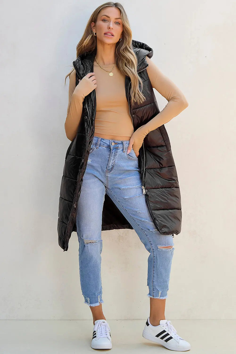 Dark Grey Hooded Long Quilted Sleeveless Coat eAura