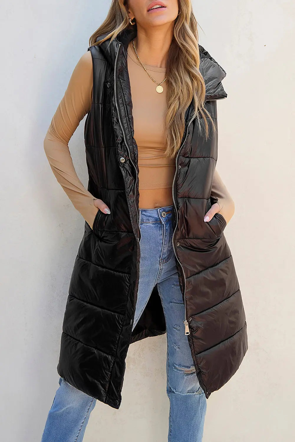 Dark Grey Hooded Long Quilted Sleeveless Coat eAura