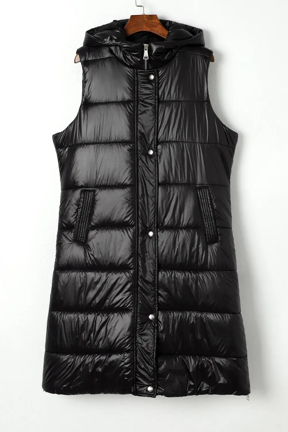 Dark Grey Hooded Long Quilted Sleeveless Coat eAura