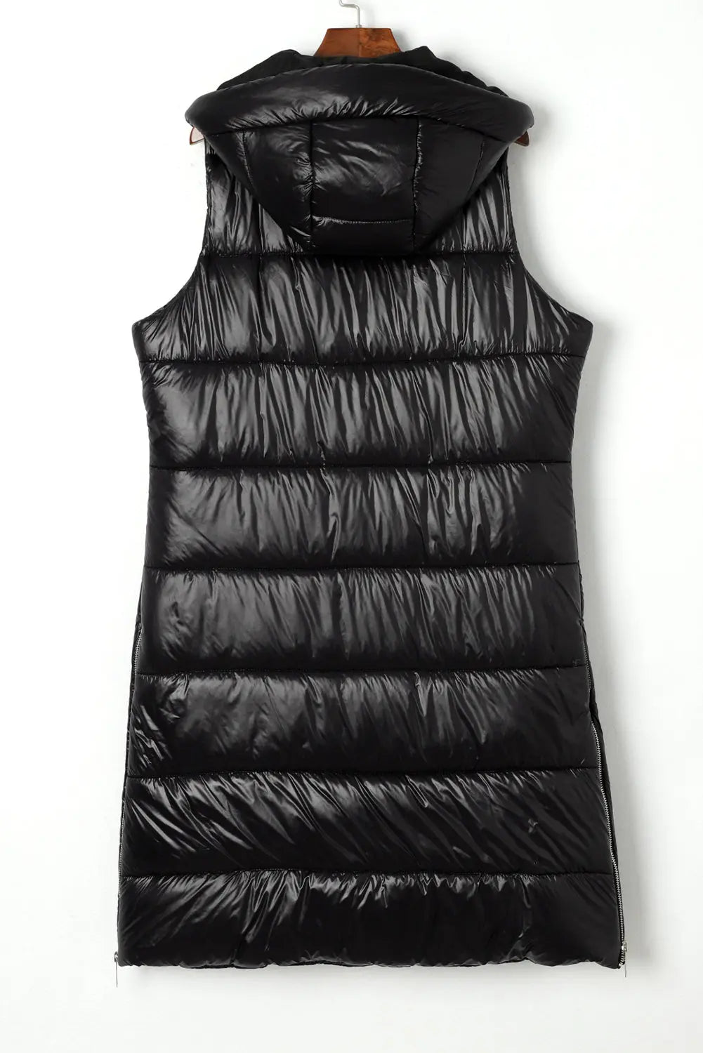 Dark Grey Hooded Long Quilted Sleeveless Coat eAura