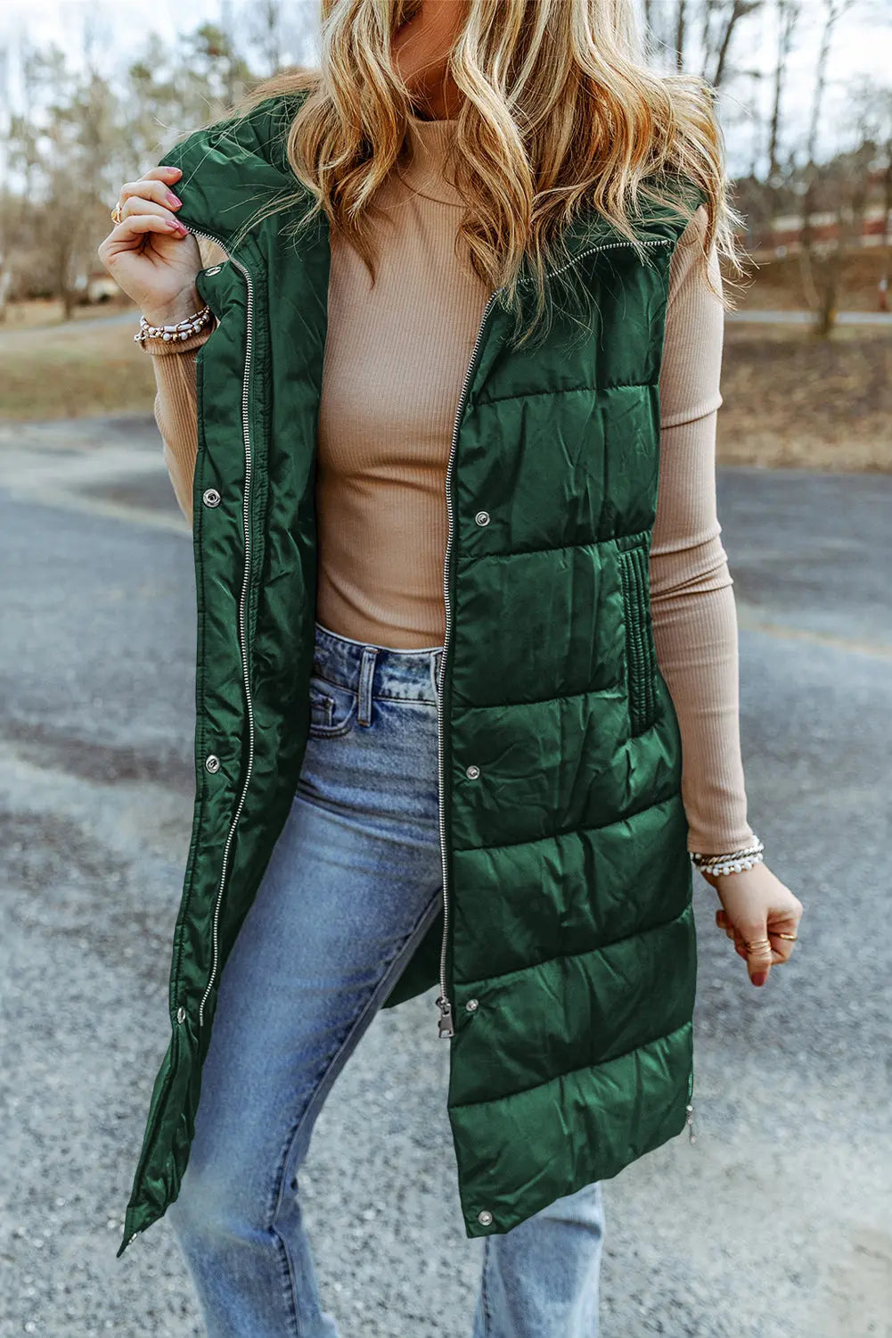Dark Grey Hooded Long Quilted Sleeveless Coat eAura