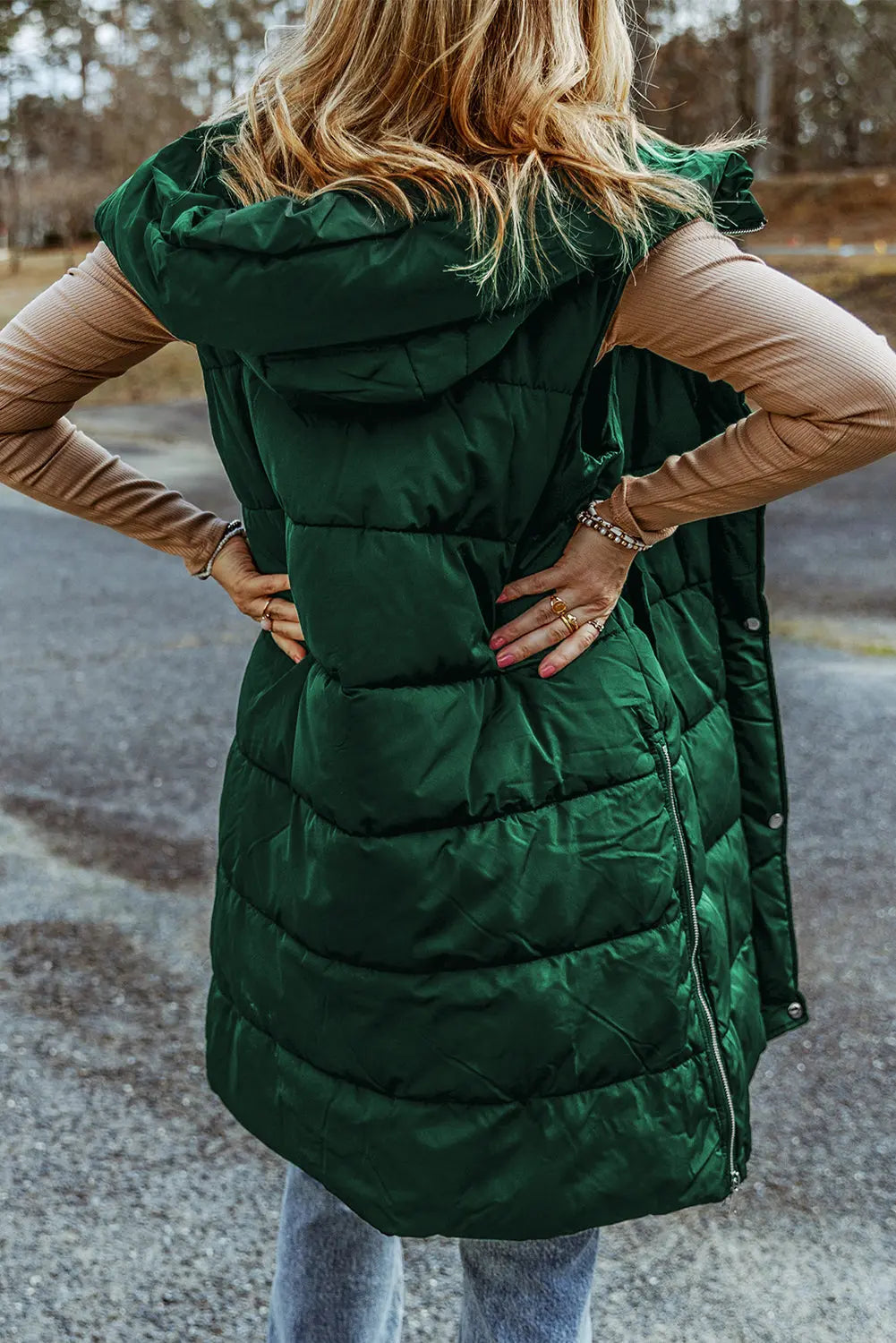 Dark Grey Hooded Long Quilted Sleeveless Coat eAura