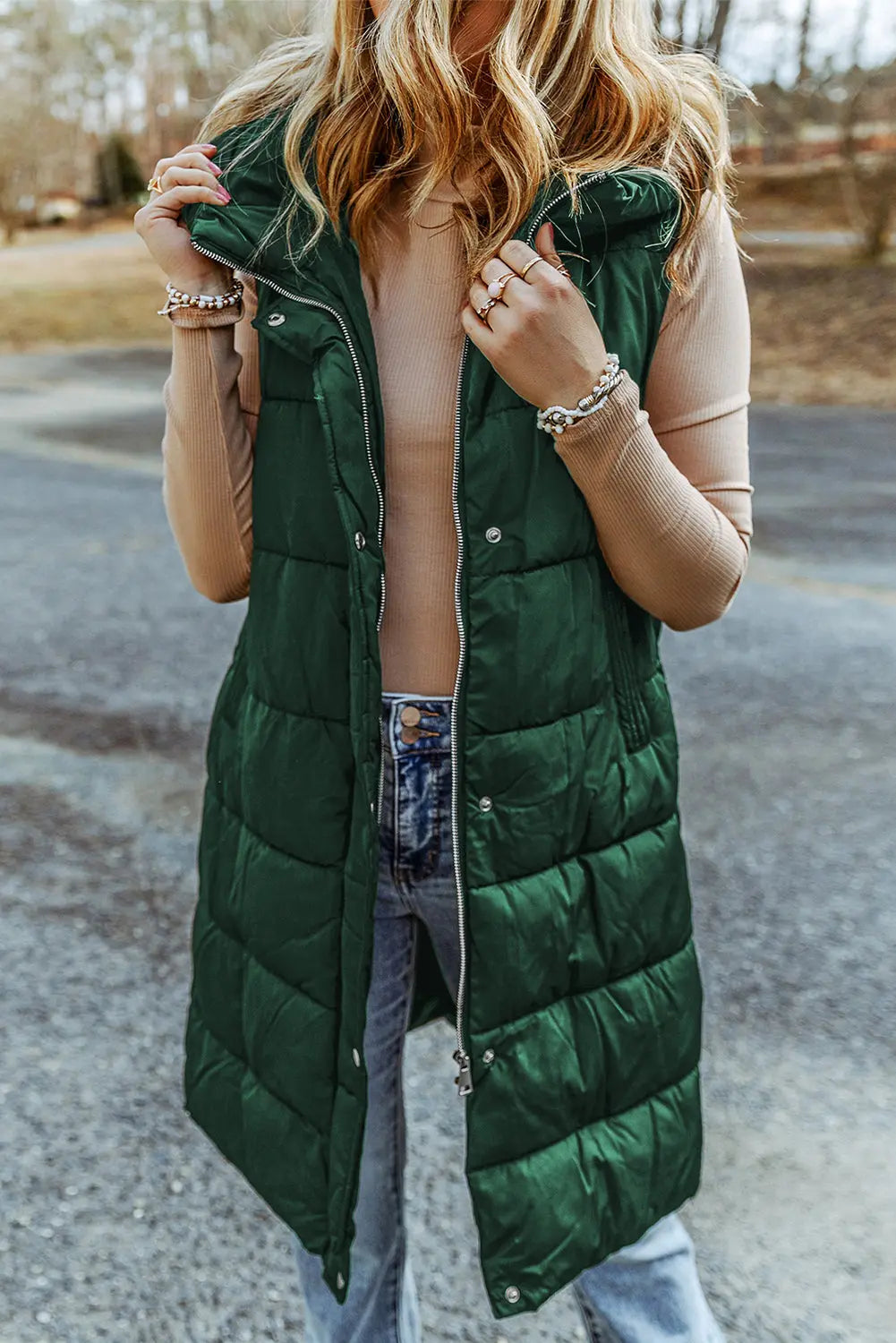Dark Grey Hooded Long Quilted Sleeveless Coat eAura